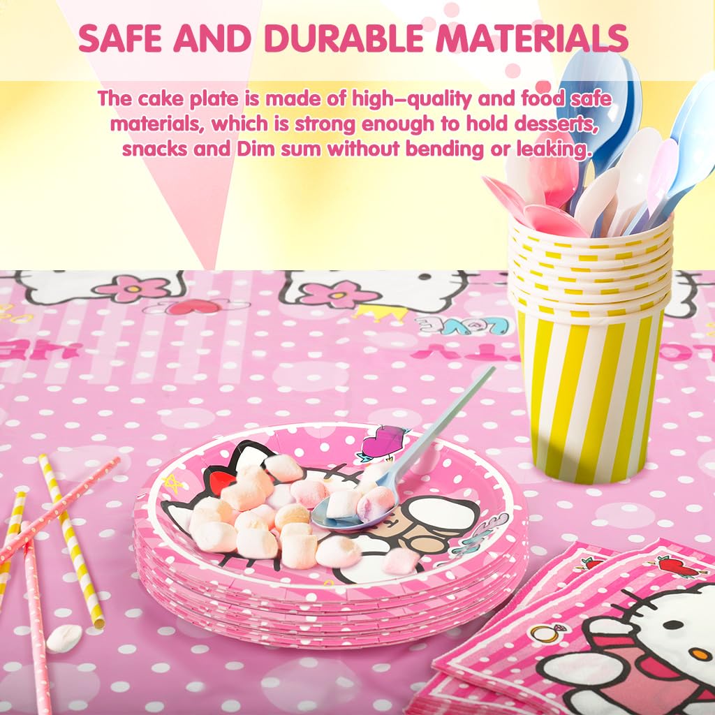 Supvox Party Supplies for Birthdays with 20pcs 7in Pink Kitty Plates and Table Cloth | Easy Cleanup