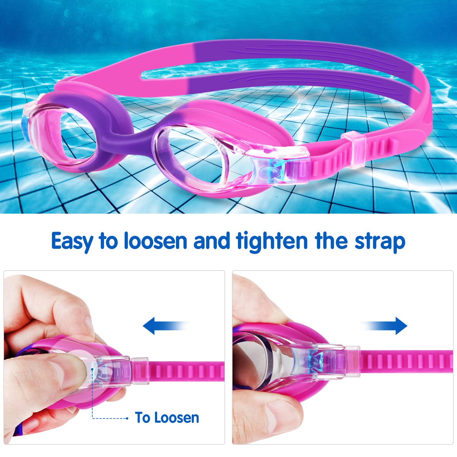 Proberos Swimming Goggles for Kids with Anti Fog UV Protection and Adjustable Strap | Blue Silicone Set with Earplugs and Nose Clip