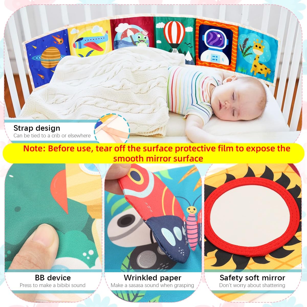 SNOWIE SOFT Butterfly Cloth Book for Baby with Mirror and 3D Sensory Elements 78x14cm | Montessori Visual Stimulation Toy