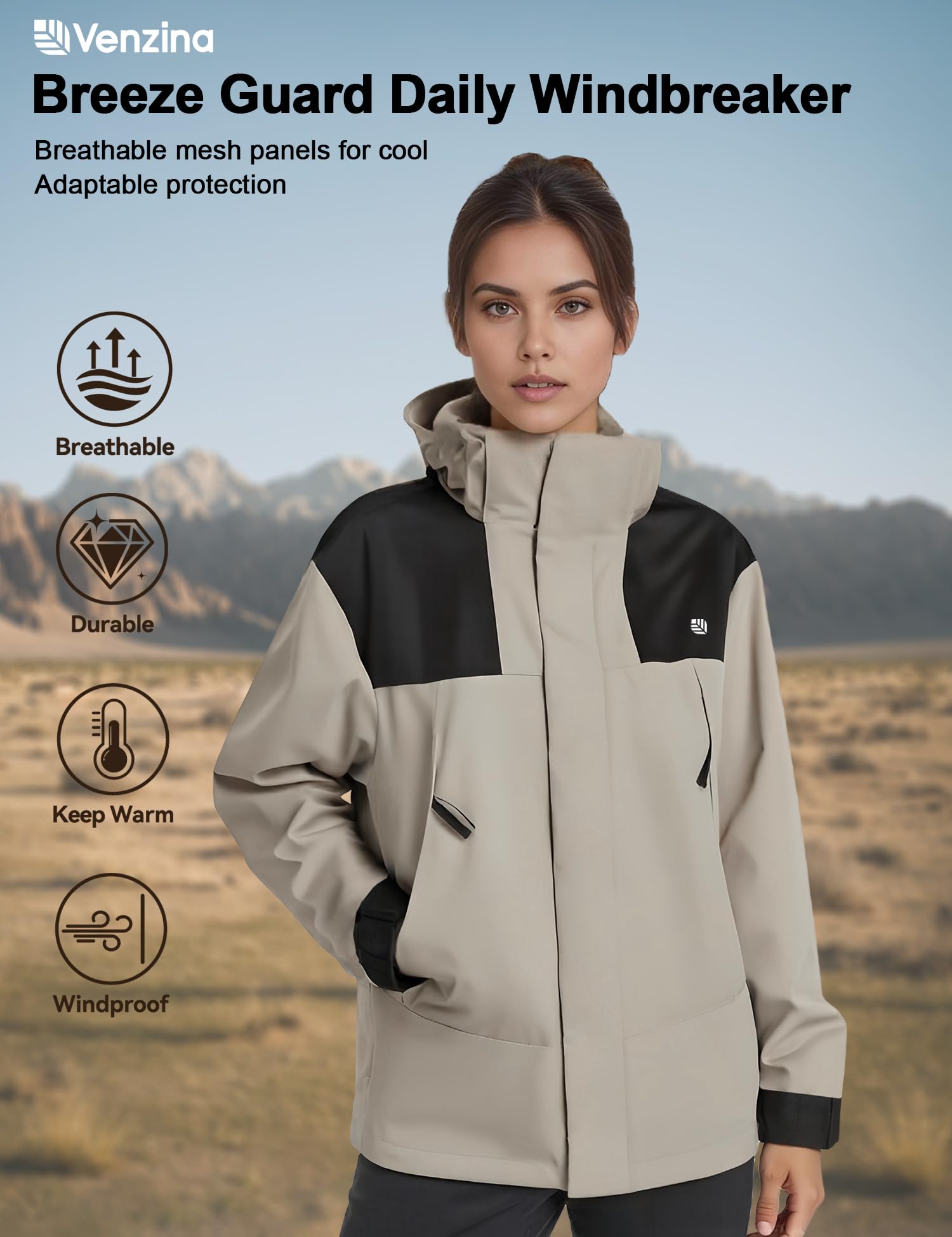 Venzina Women's Hiking Jacket for Trekking and Daily Wear with Detachable Hood | Windproof Water and Oil Resistant Slim Fit in Light Khaki