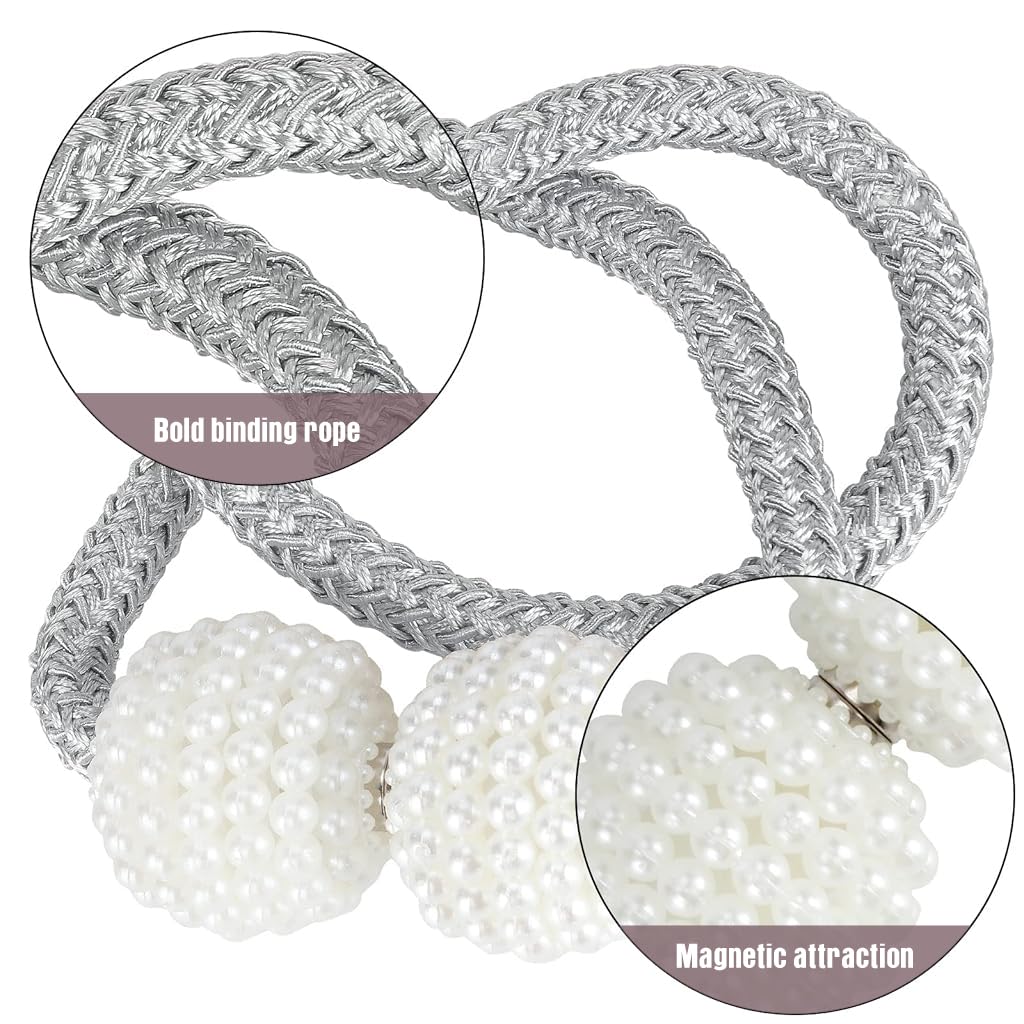 ZIBUYU Curtain Tiebacks 6Pcs for Home and Office Décor with 45cm Rope and Magnetic Pearl Heads