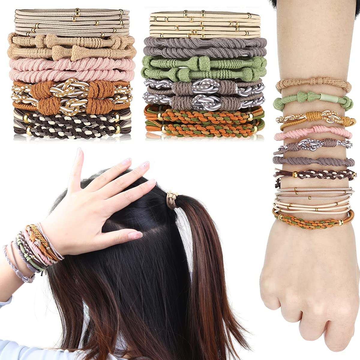 PALAY® 20pcs Elastic Hair Ties Bracelets Set Braided Boho Hair Rubber Band for Girls Women, 5 Styles Hair Elastics Hair Band for Thick Hair Ponytails