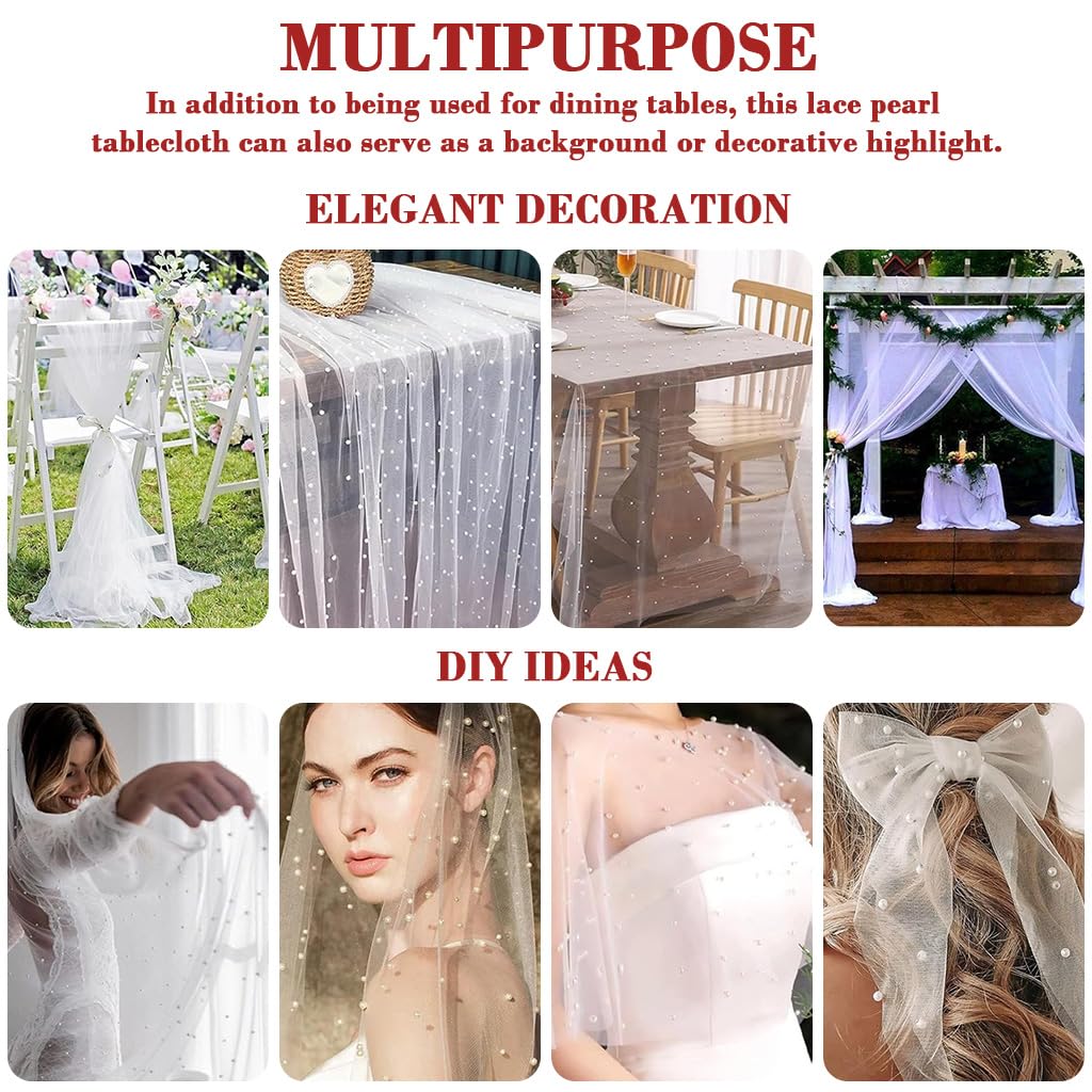 HASTHIP Table Runner for Weddings and Parties with Pearl Embellished Lace 80x300cm | Elegant Sheer Dining Decor