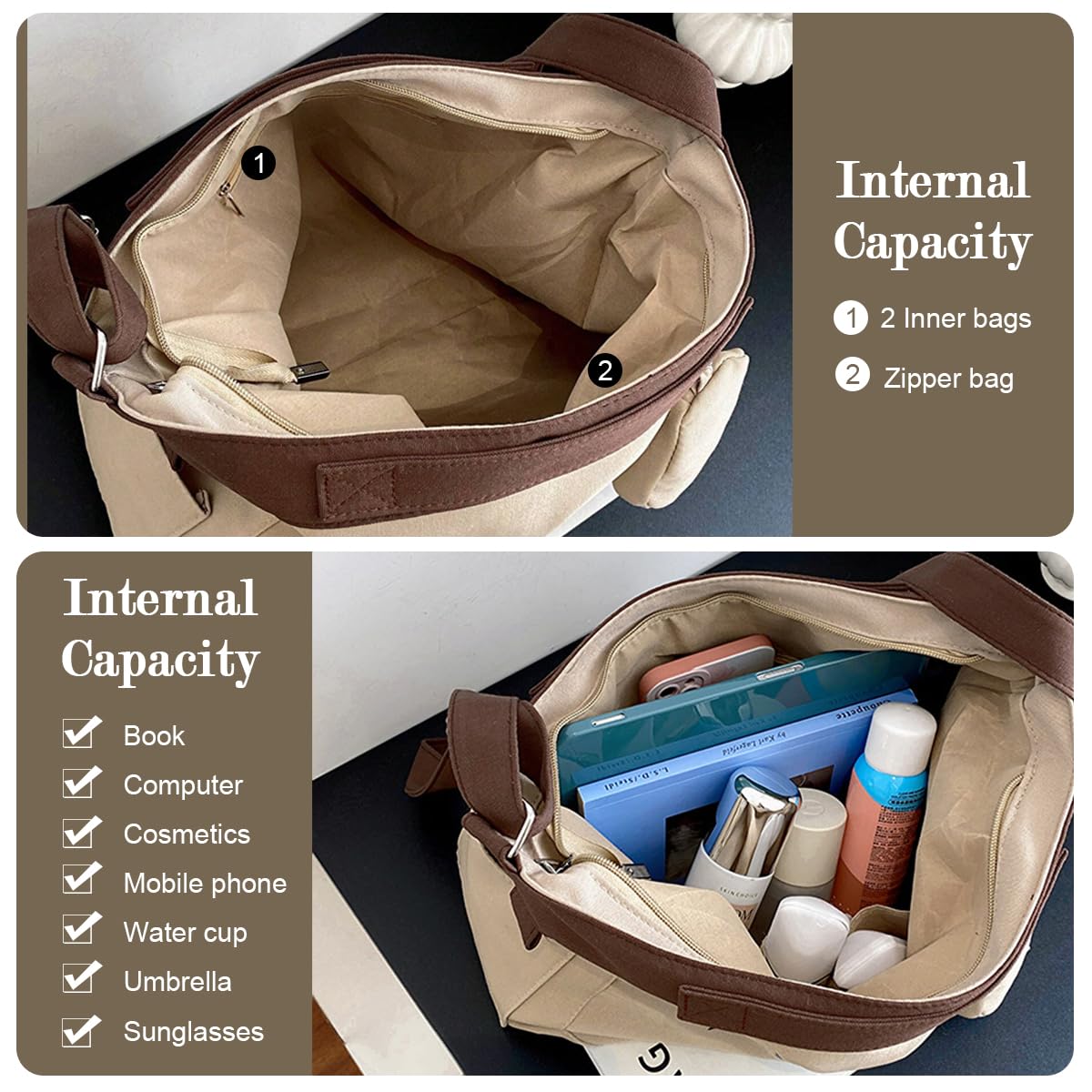 PALAY Canvas Bag for Women featuring zip closure and coin bag | 30x17x30cm khaki tote