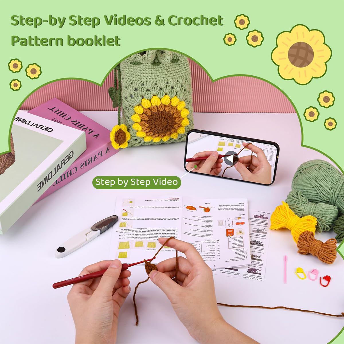 PATPAT DIY Crochet Phone Bag Material Kit for Beginners with Sunflower Pattern and Yarn Tutorial | Light Green Sling Craft Gift Set