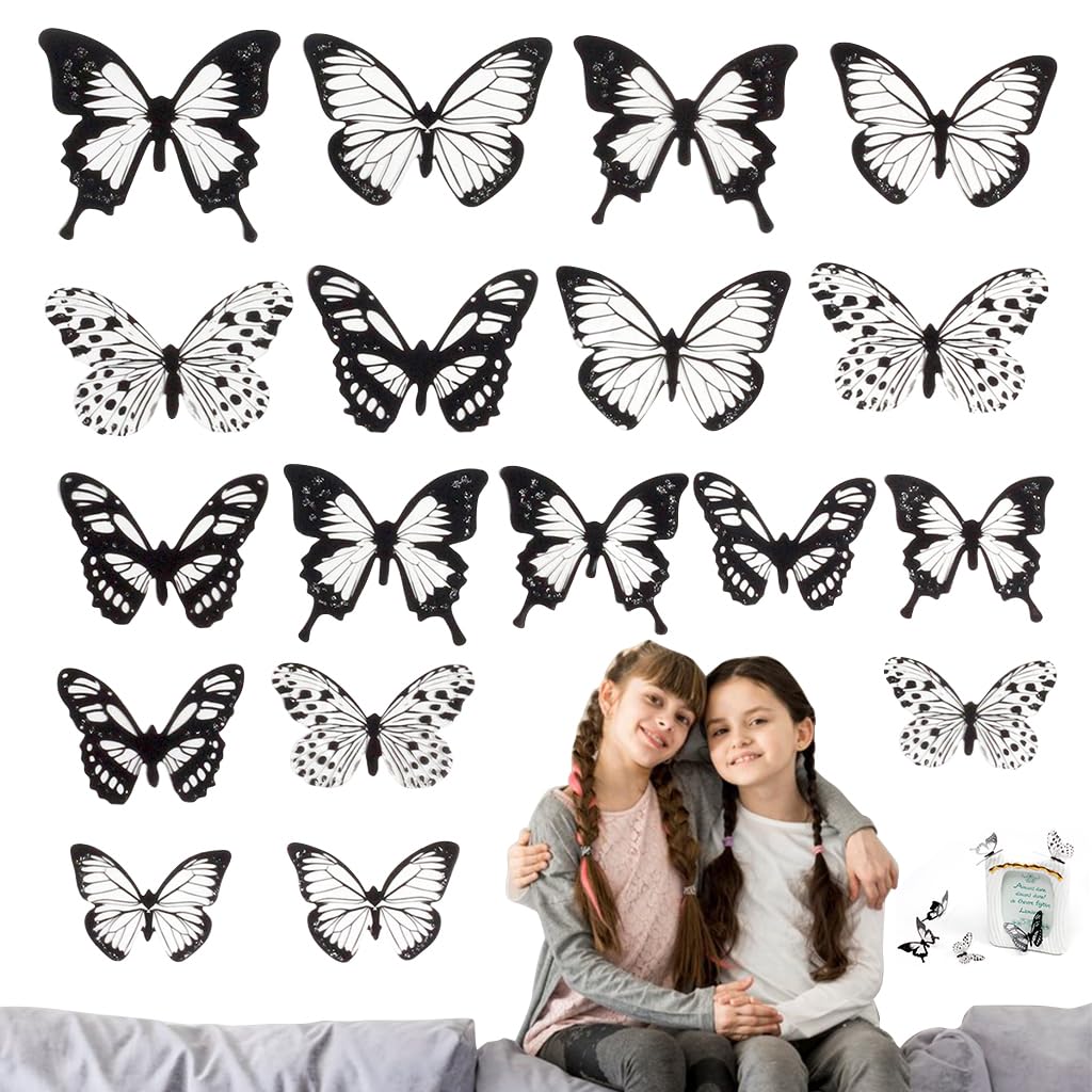 HASTHIP® 36Pcs 3D Butterfly Wall Stickers Decor Removable Butterfly Stickers PVC Black and White Butterfly Decals DIY Decorative Wall Art Crafts for Baby Room Home Decor Refrigerator Decoration