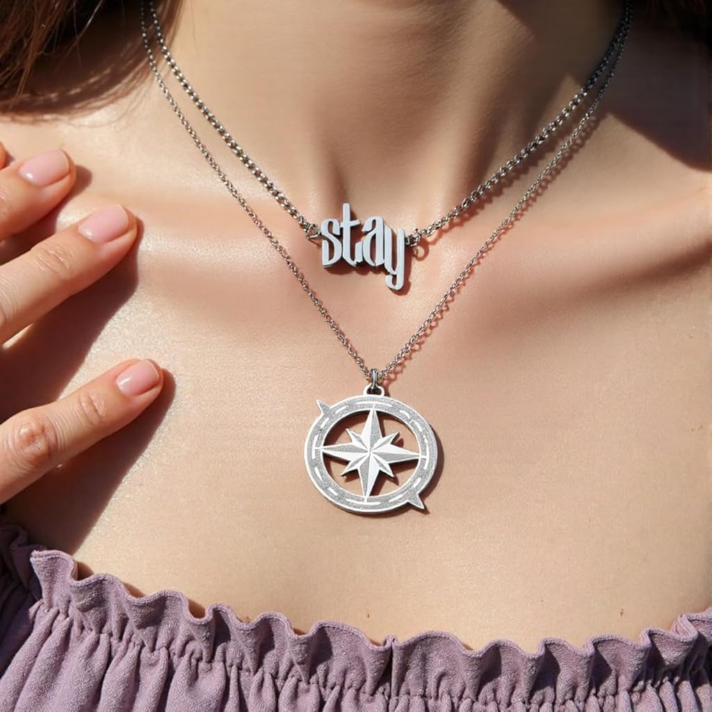 SANNIDHI® Stray Kids Necklace Inspired Merch Necklace Set –“Stay” Pendant Compass Design Jewelry Accessory for Stay Fans Gifts