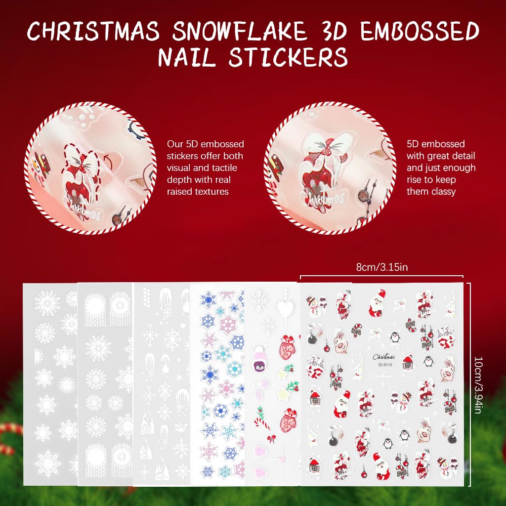 MAYCREATE Christmas Nail Stickers for DIY Nail Art with 3D Embossed Designs 6 Sheets | Self Adhesive Set for Women
