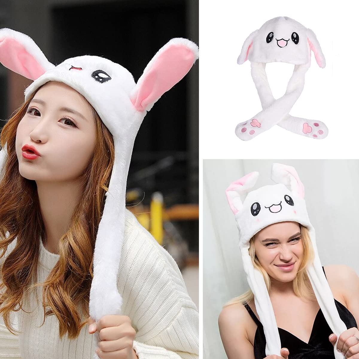Zibuyu Bunny Plush Hat for Kids and Women featuring Moving Ears and Soft White Material | 3 PCS Gift Set