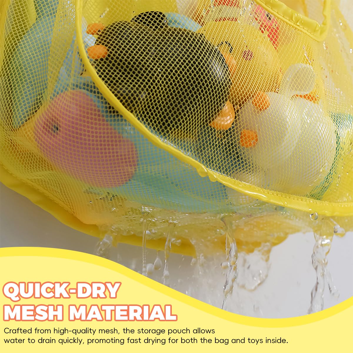 SNOWIE SOFT Bath Toy Storage Organizer for Bathroom with Suction Cups and Quick Dry Mesh | Cartoon Yellow Duck Kids Toy Bag