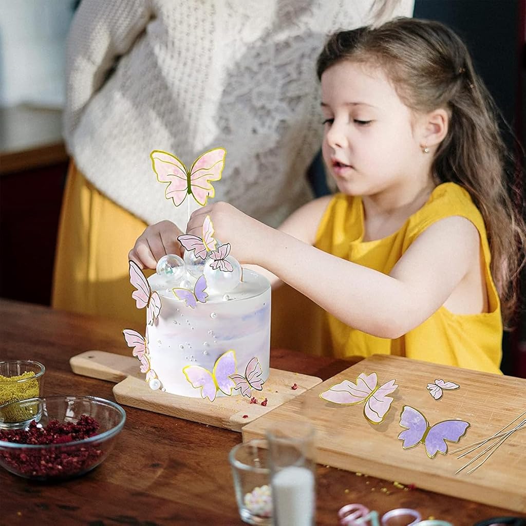 HASTHIP® 40pcs Butterfly Cake Toppers for Cake Decoration, Cute Butterfly Cake Decoration Items Happy Birthday Cake Topper for Cake Decoration with 1 Acrylic & 1 Iron Happy Birthday Topper