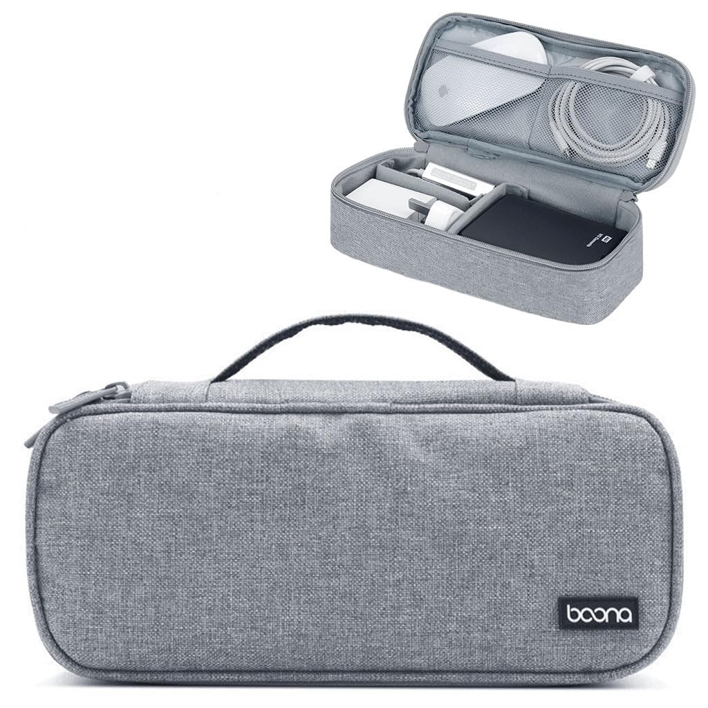 ZIBUYU® Cable Organizer Bag Travel Zip-up Pouch Hand Bag Electronic Accessories Bag with 2 Dividing Inserts- Customized Compartment Accessories Utility Storage Bag, Oxford Cloth, 24x6x10.5cm, Grey
