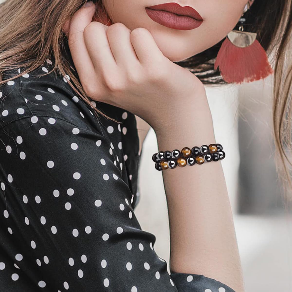 Venzina Beads Bracelet for Women and Men with Double Layer Design and 8mm Agate Stones | Natural Tiger Eye and Black Obsidian for Good Luck