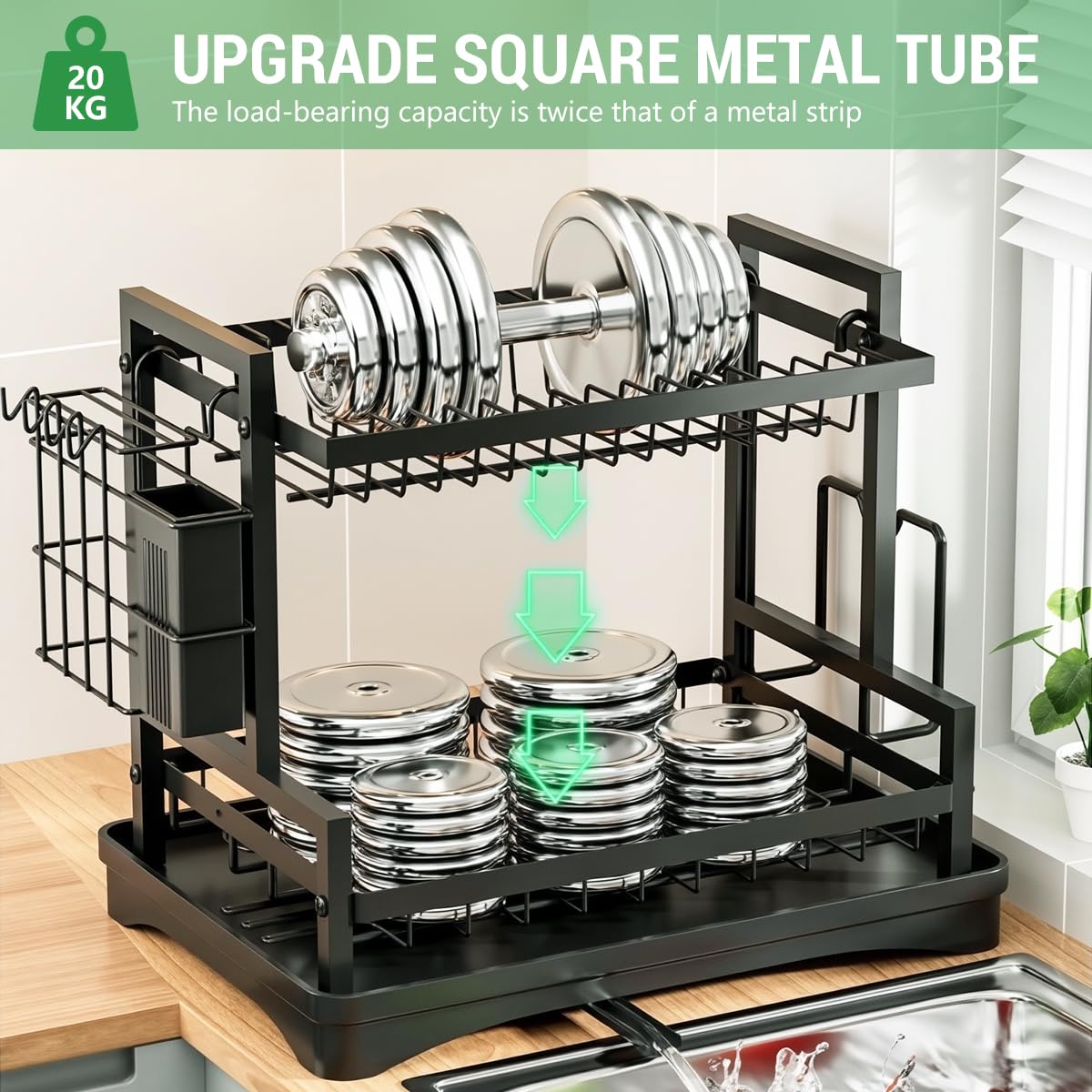 HASTHIP Double Layer Kitchen Dish Rack with Drip Tray and Chopping Board Holder 42x31x33cm