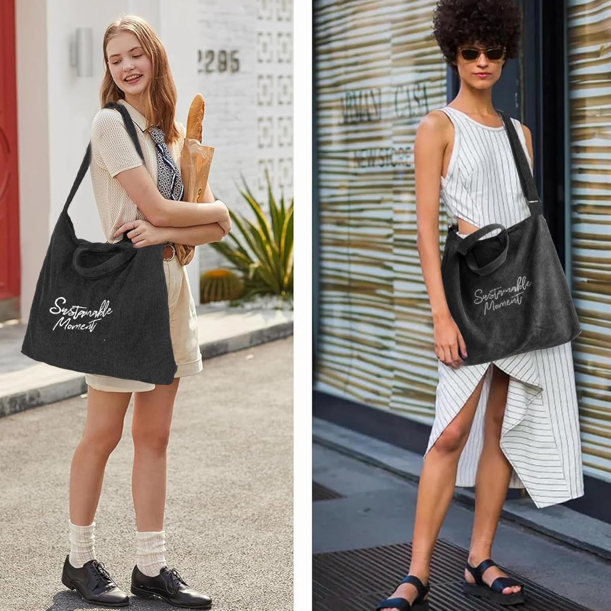 PALAY Tote Bag for Woman with Detachable Crossbody Strap 39x4x37 cm Corduroy | Black