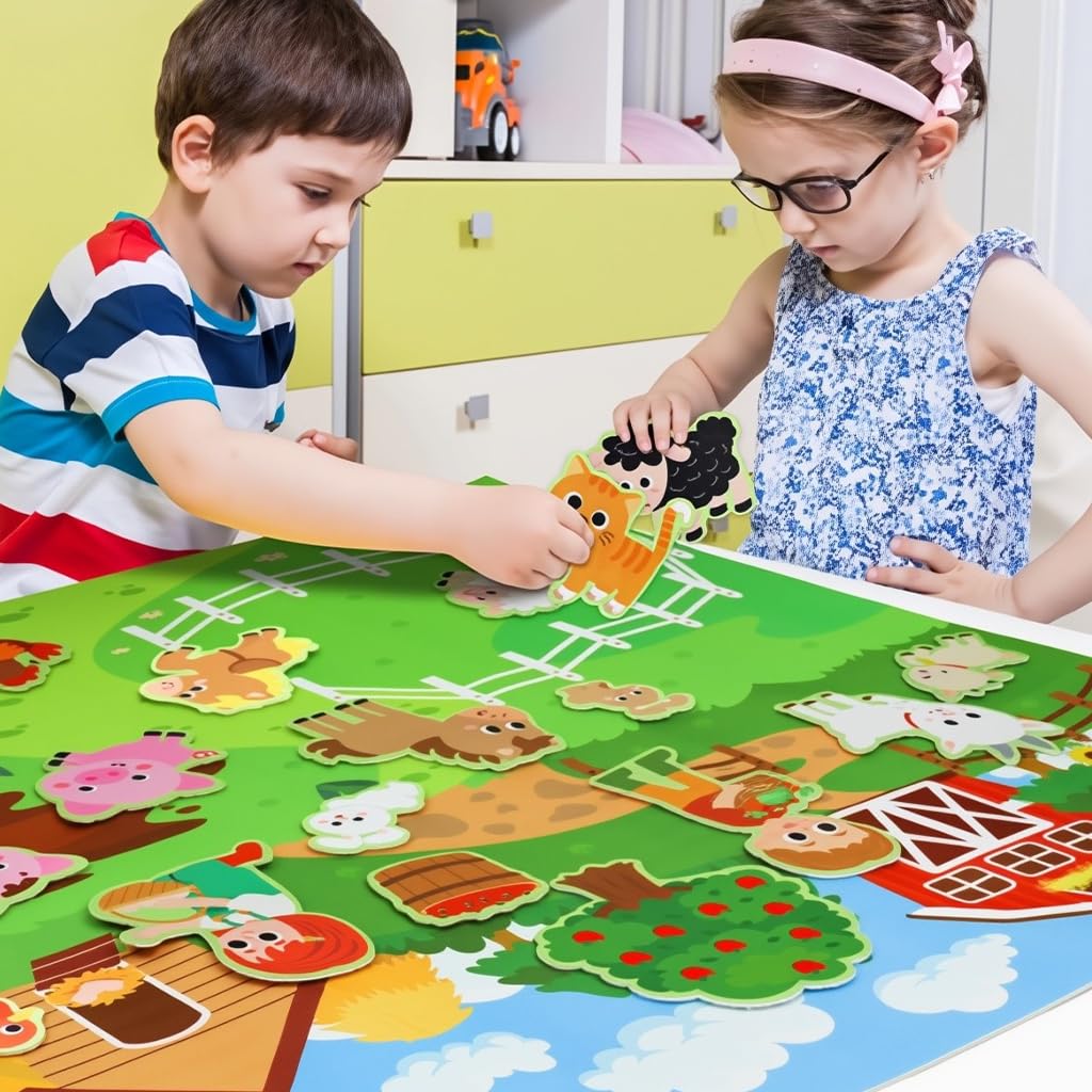 SNOWIE SOFT Farm Animals Busy Board for Toddlers with 109x71cm Felt Backdrop | Interactive Montessori Learning Toy