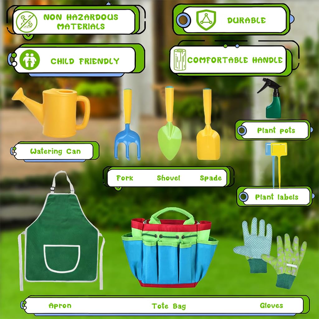 HASTHIP Kids Gardening Tools Kit for Outdoor Play featuring 9 Pieces and Tool Bag | Child Safe Plastic Set