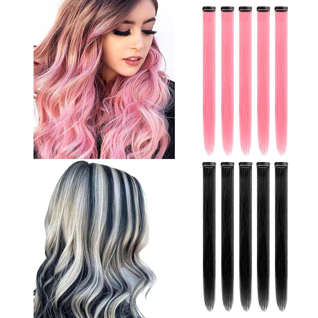 MAYCREATE Hair Extensions for Women 10 pcs 22 in Clip Type Synthetic Fiber Black & Pink | Easy Styling Highlights for Girls and Kids