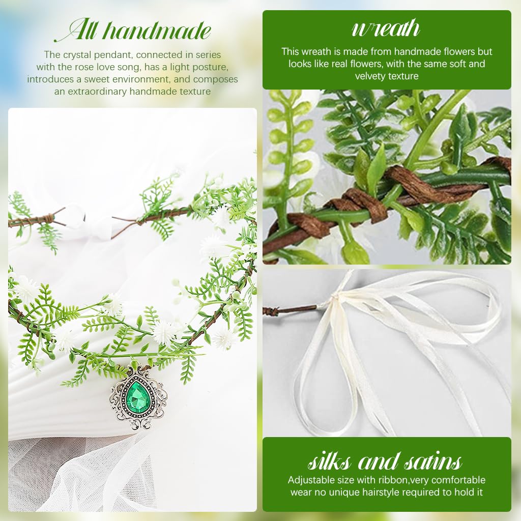 SANNIDHI Flower Crown for Girls featuring Green Branch Design with White Ribbons | Fairy Princess Headband for Weddings and Parties