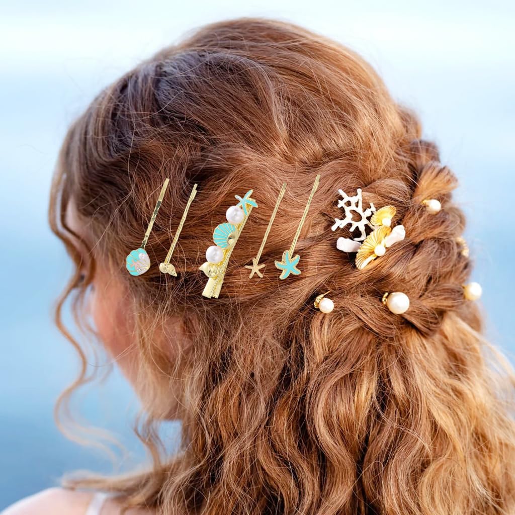 Venzina Hair Clips for Girls and Women featuring Pearl Starfish Seashell Pins in Gold | 5Pcs Set