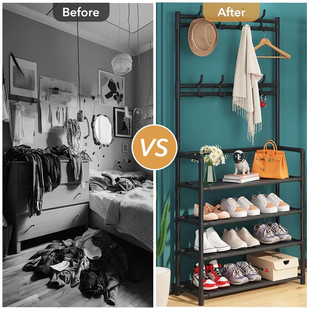 Supvox Metal Shoe Rack for Entryway Storage with 4 Tiers and Double Hanging Rods | DIY Assembly Bench Organizer