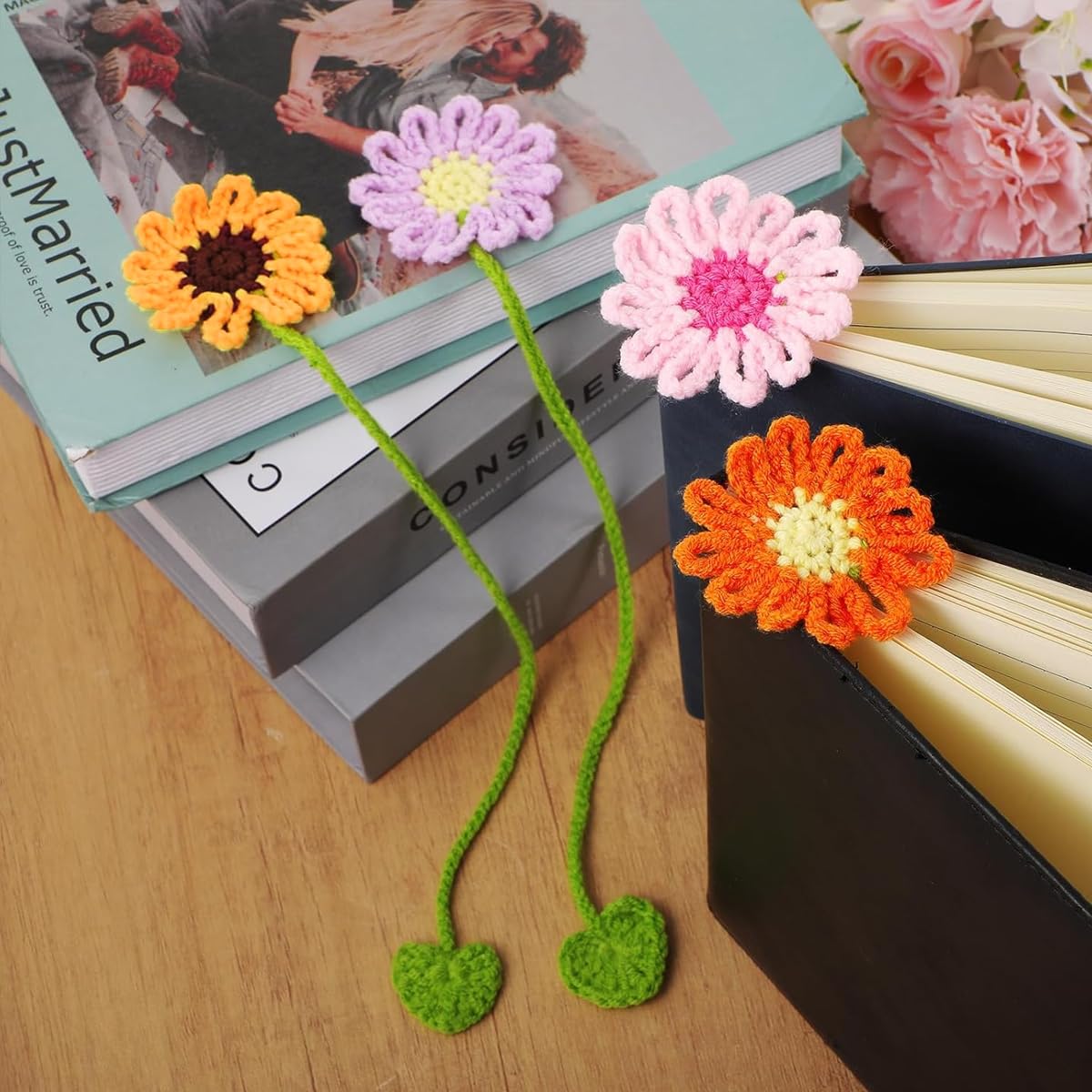 OFIFO Crochet Flower Bookmarks Set for Reading and Study with Handmade Daisy Design | 4Pcs