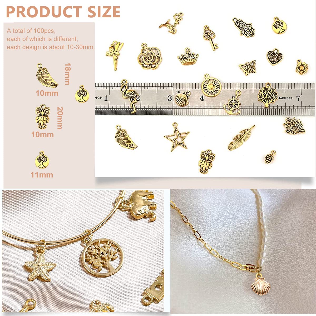 MAYCREATE Jewellery Making Charms for DIY Pendants and Bracelets Kit 300pcs Gold Alloy | Hanging Hole Design for Crafting Supplies