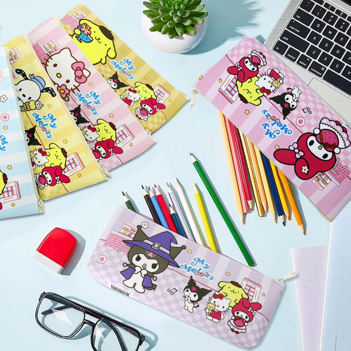 Climberty® 6Pcs Sanrio Cartoon Pencil Pouch for Students Cinnamoroll Pencil Pouches School Girls Cartoon Print Kitty Pencil Pouches PU Stationeries Zipper Pouches School Gifts for Girls, 21x8x3cm