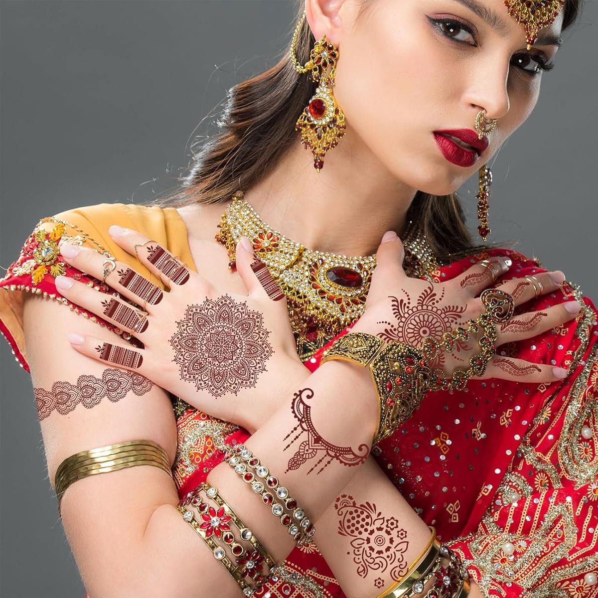 MAYCREATE Tattoo Sticker 9 Sheets for Women and Girls featuring Waterproof Brown Henna Designs
