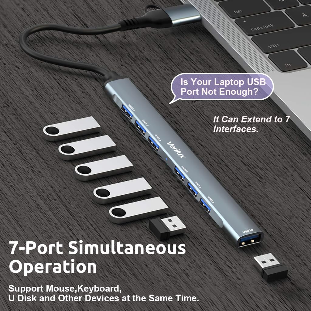 Verilux USB Hub 3.0 for Laptop and PC featuring 7 Ports with 5Gbs Transfer Speed | Type C and USB A Connectivity