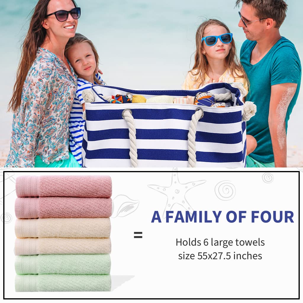 PALAY Hand Bag for Women for Travel and Daily Use featuring Braid Rope Handles and Zipper Closure | 23.6 x 15 x 7.5 in Blue Stripy Cotton Polyester Tote