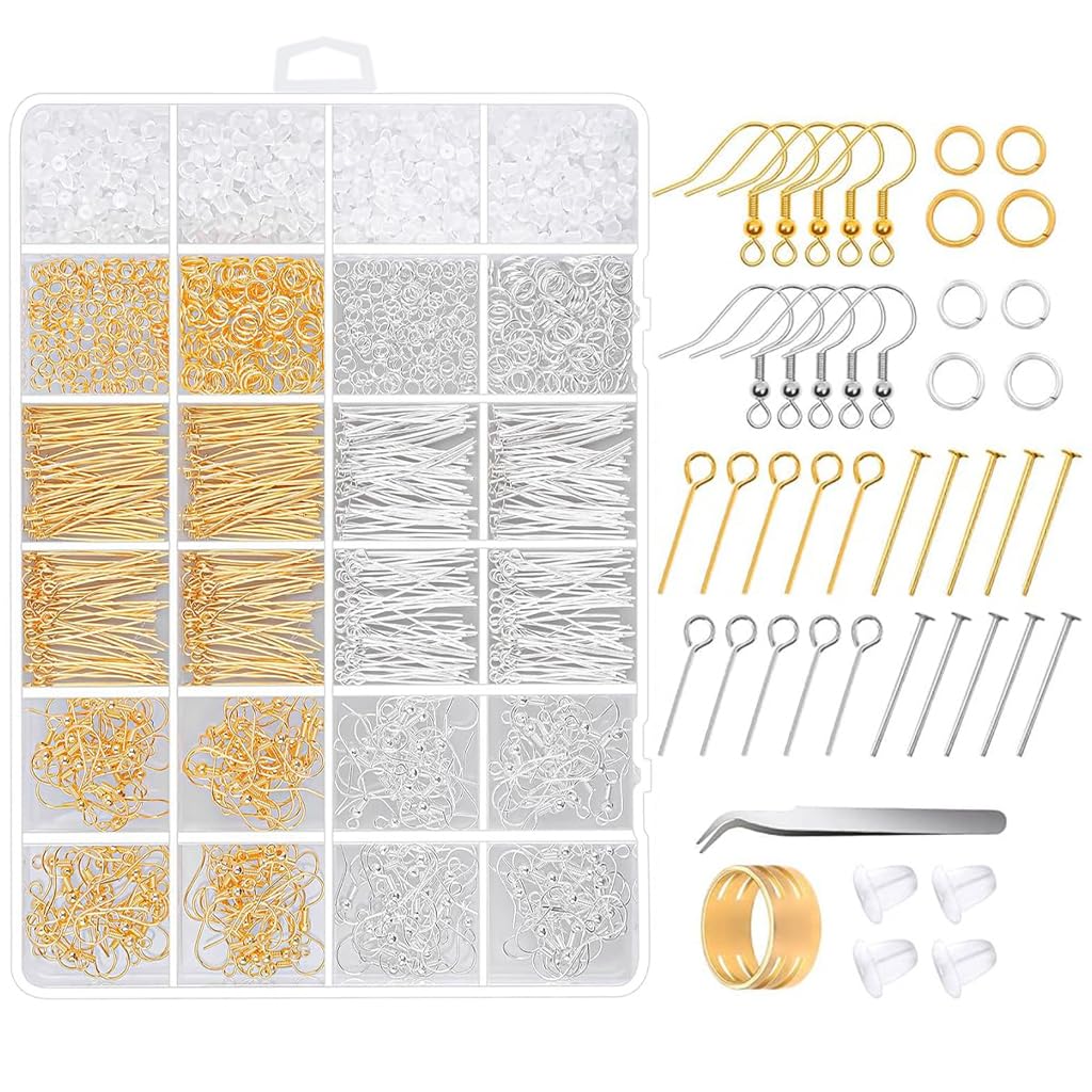 MAYCREATE® 2000Pcs DIY Earring Making Kit Golden & Silver Earring Hooks Jump Rings Earring Backs Headpins Eyepins and Tweezer Earring Findings for DIY Earring Making Jewelry Making