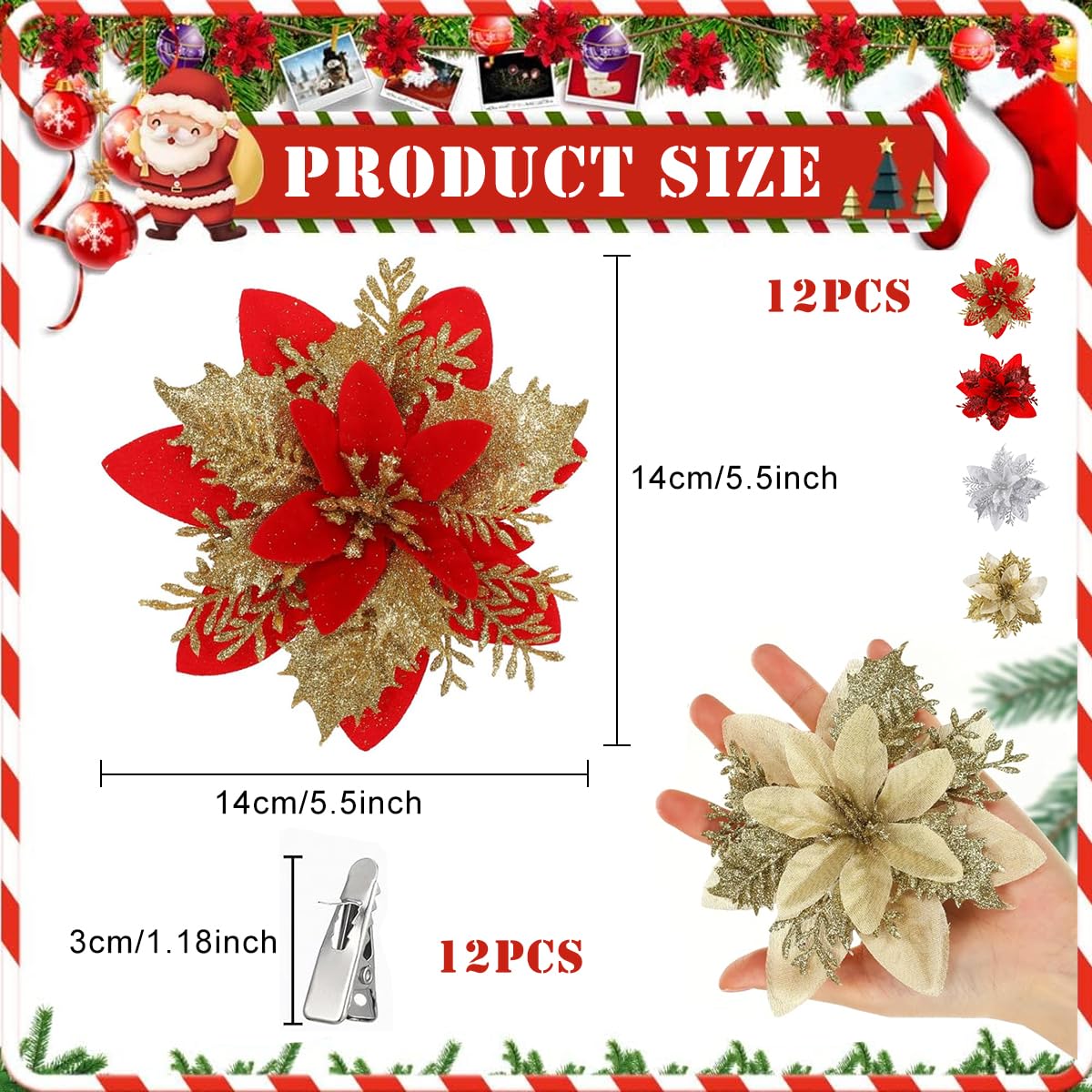 HASTHIP® 12Pcs Christmas Poinsettias 5.5 inches Glittering Artificial Poinsettias 4-Designs Golden and Red Christmas Poinsettias Christmas Poinsettias Flowers Christmas Home Decor