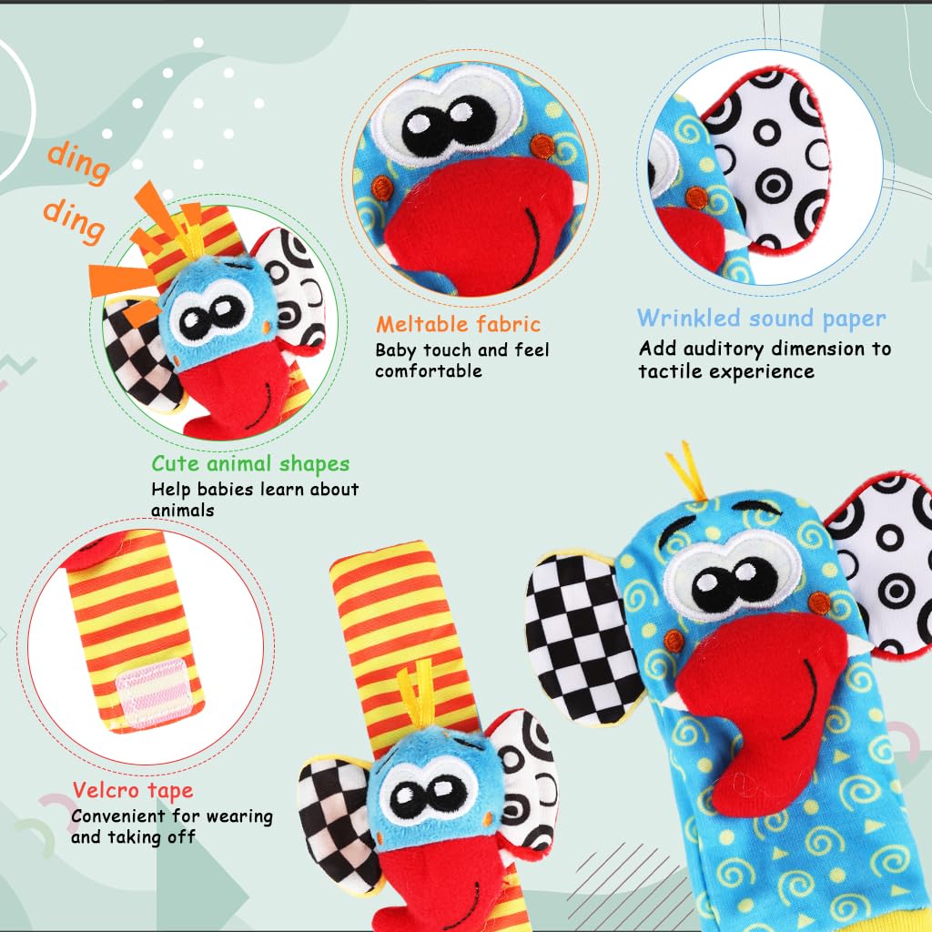 SNOWIE SOFT Baby Rattle Socks and Wristbands for Infant Play with Soft Cotton Plush Toys | Sensory Development Gift