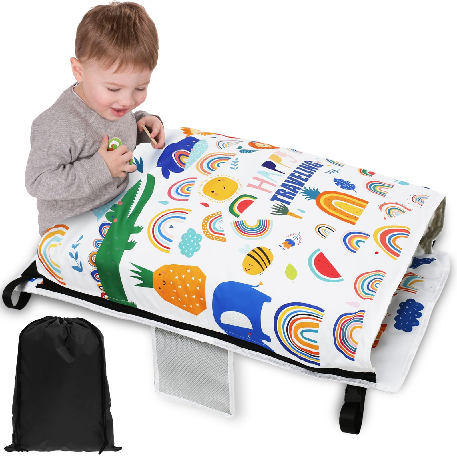 SNOWIE SOFT® Toddler Airplane Bed 77x 44cm Seat Extender for Kids 2 in 1 Hanging Airplane Bed with Removable Cartoon Print Blanket Travel Airplane Bed Airplane Foot Rest for Kids 3-5 Years Old