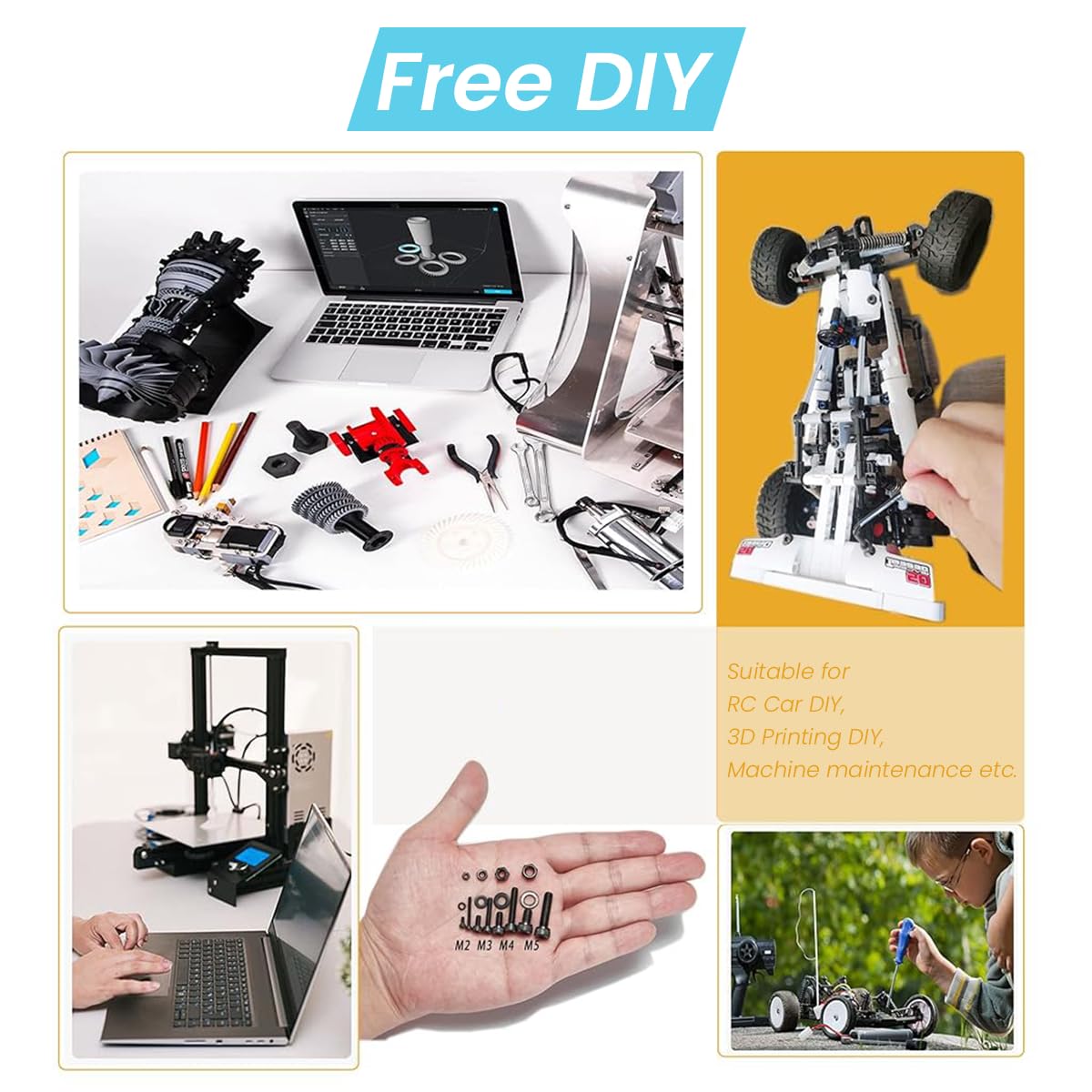 Serplex Hex Screw Set for DIY and Machinery with Reinforced Threads 1230 pcs Black Zinc Steel