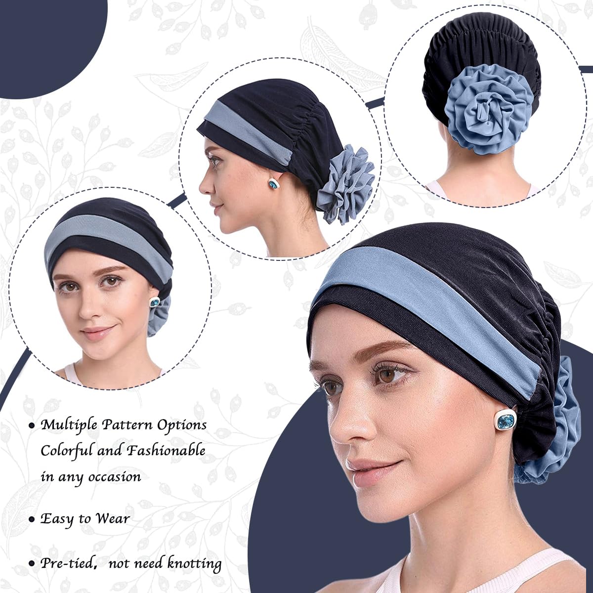 SANNIDHI Chemo Caps for Women with Elastic Fit 22–23 in featuring Floral Detail | Navy Blue Turban