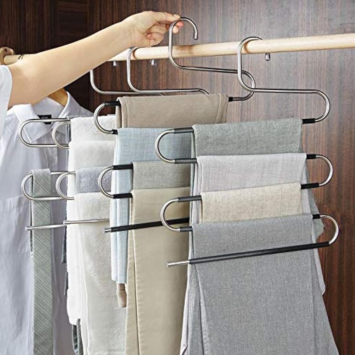 HASTHIP® 2 Pcs Stainless Steel Wardrobe Hanger, S-Shape Non-Slip Multi Trousers Tie Scarf Hanger, Space Saving, Durable Clothes Hanger with Anti-Slip PVC Sleeves - Holds Upto 6 Garments