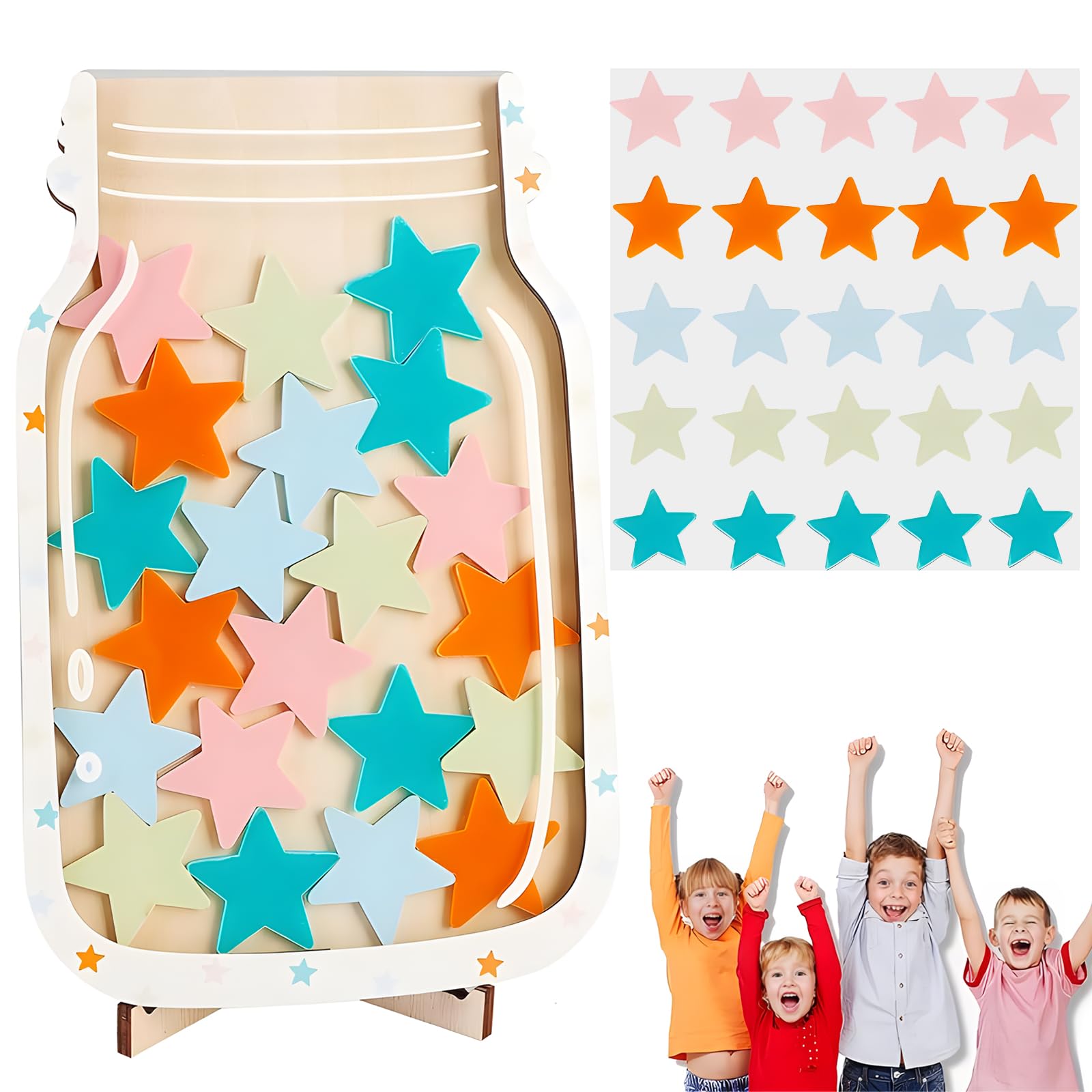 PATPAT® Star Reward Jar for Kids Wooden Reward Jar with 25Pcs Colored Reward Star-Shaped Tokens & Stand Color Star Reward Jar for Kids Reward Token Kit for Kindergarten, Home Education