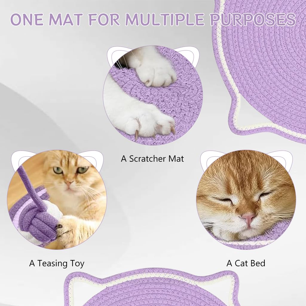 Qpets® Cat Scratcher Mat Cotton Rope Cat Toy Wall Hanging Cat Scratcher Mat 16.5 Inches Cat Ear Lovely Purple Cat Scratcher Mat