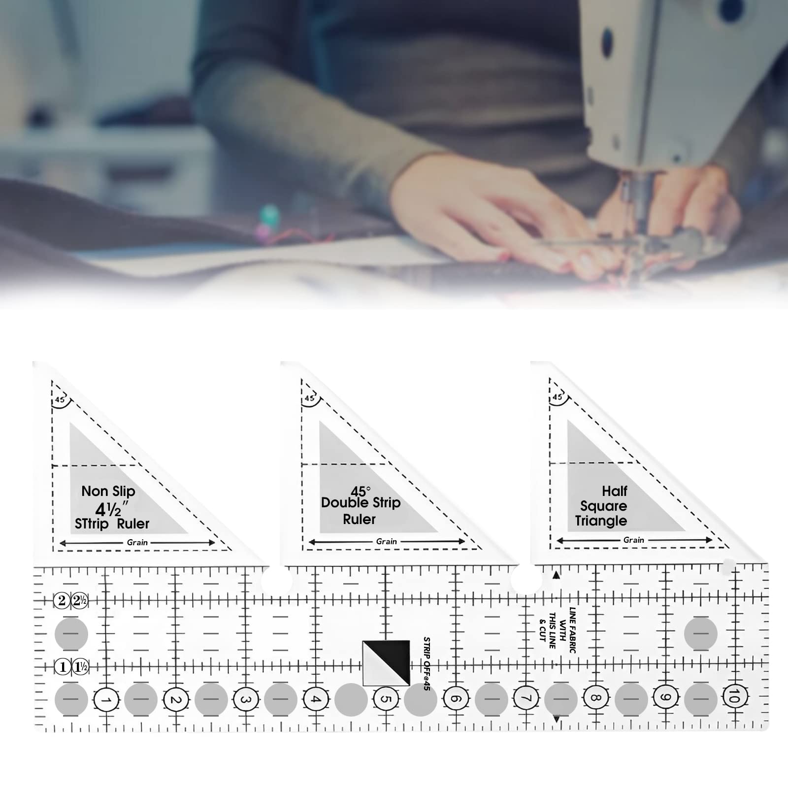 Serplex 45¡ã Double Strip Ruler, Strip Tube Quilting Ruler, Acrylic Quilt Rulers, Non-Slip Quarter Square Triangle Cutting Guide for Sewing (10 inch)