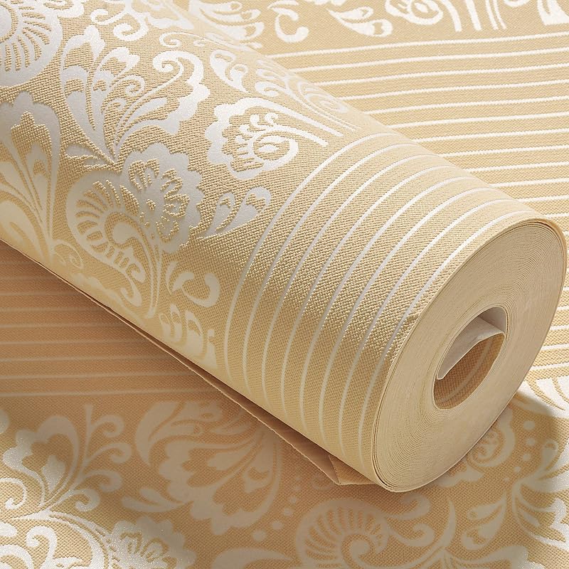 HASTHIP 3D Embossed Damask Wallpaper for Bedroom and Living Room featuring Non‑Woven Fabric 1.73ft x 31ft | Easy to Cut and Remove