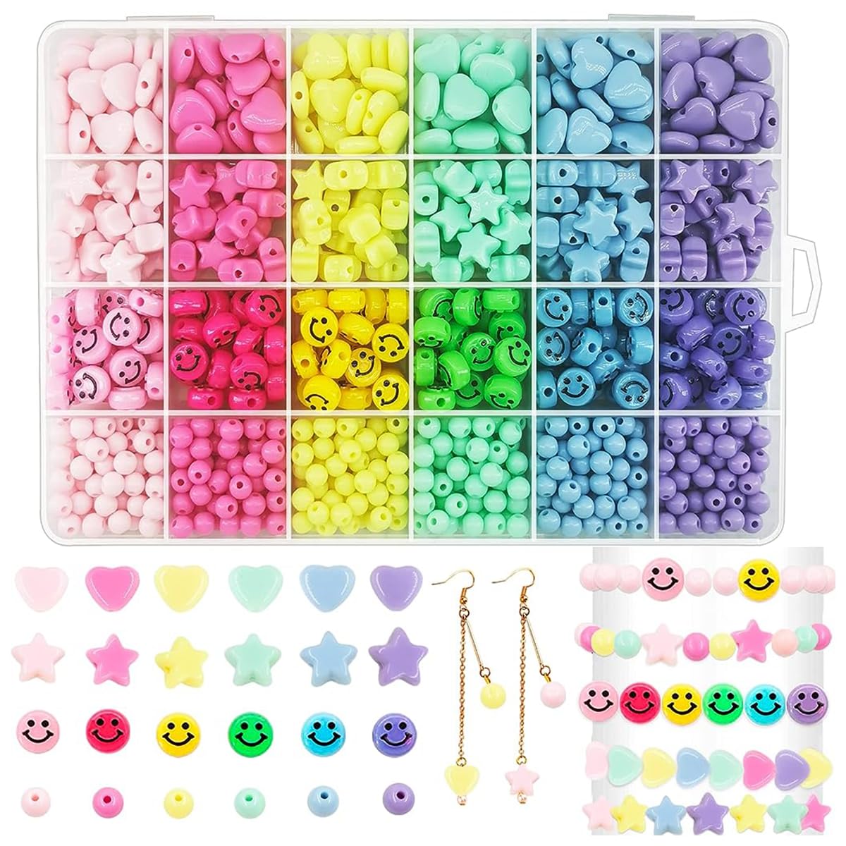 SANNIDHI 600pcs Beads for Jewellery Making, Candy Color Acrylic Pastel Beads Set, Assorted Happy Face Star Heart Circle Loose Beads Kit for Girls Women Bracelet Necklace Jewelry Making DIY Crafts