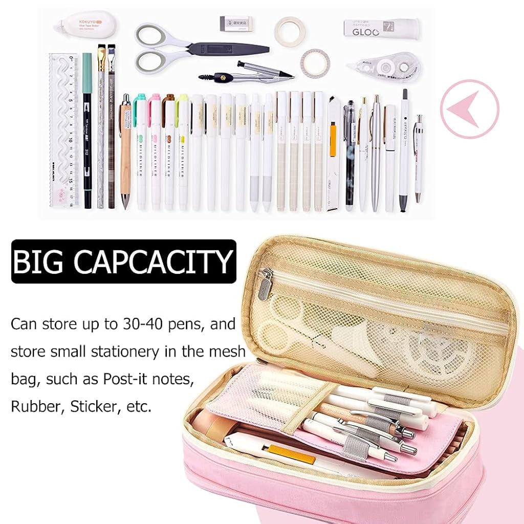 HASTHIP Large Capacity Pencil Case, Durable Storage Multiple Compartment Double Zipper Portable Capacity Pencil Pouch for College Student Teen, 22x11cm (Pink)
