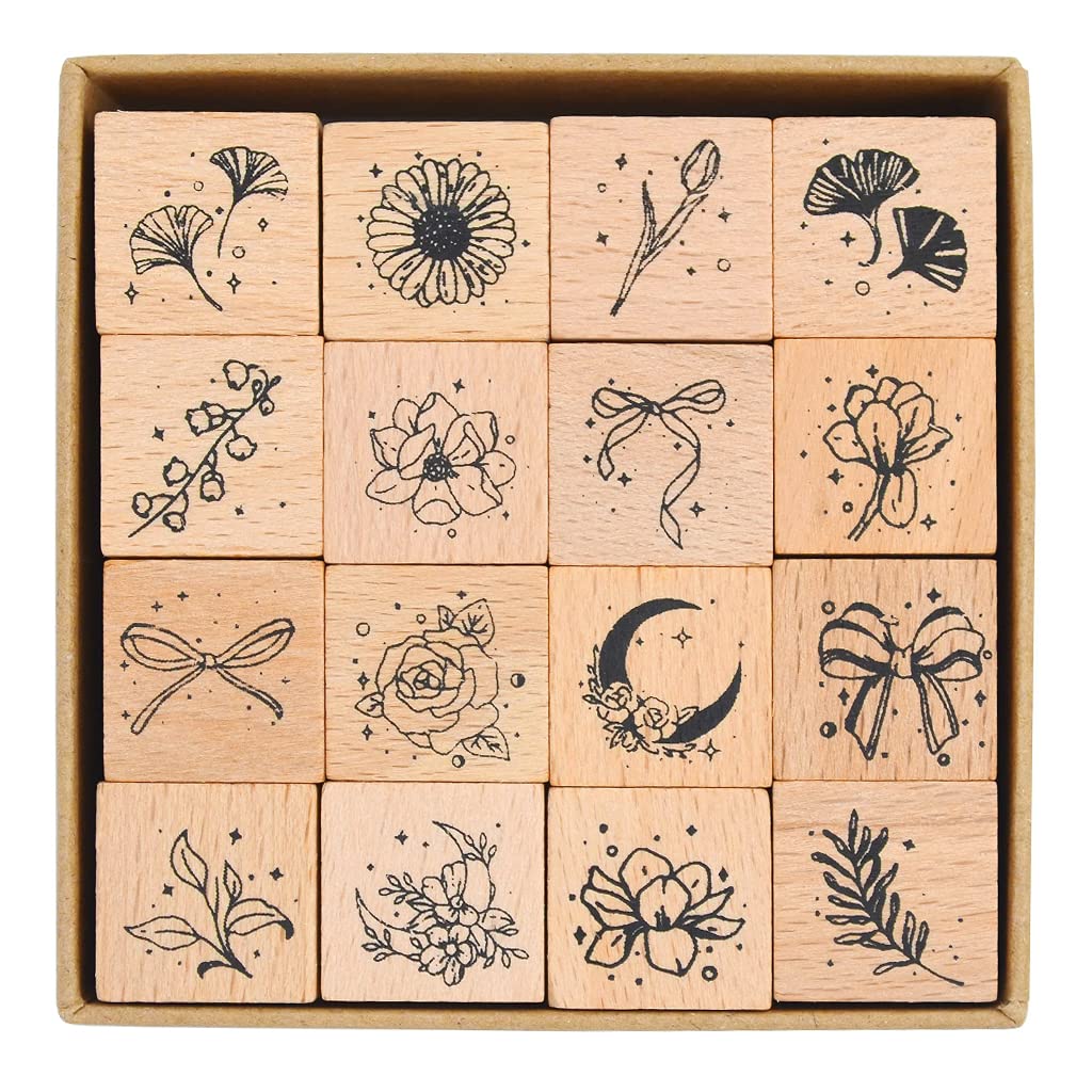 HASTHIP® 16Pcs Vintage Wooden Rubber Stamps, Aesthetic Flower Decorative Rubber Stamp Set, Bowknot Flower Leaf Stamp for Art Craft, Journal, Diary, Scrapbook, Letter, Card Making