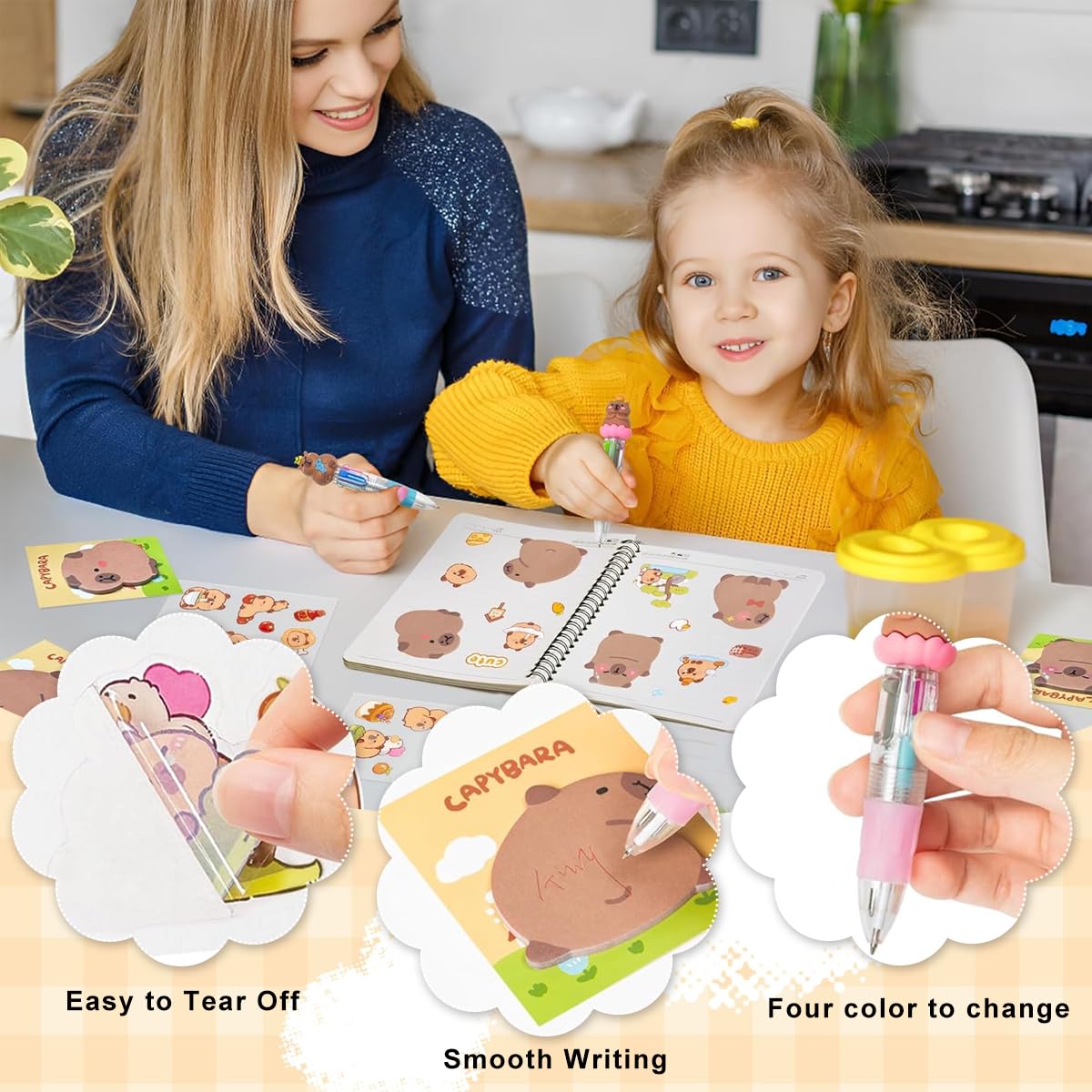 Climberty Cartoon Student Stationery Gift Kit with Pens Sticky Notes & Stickers for School | Cute Capybara Set in Sheer Drawstring Bag