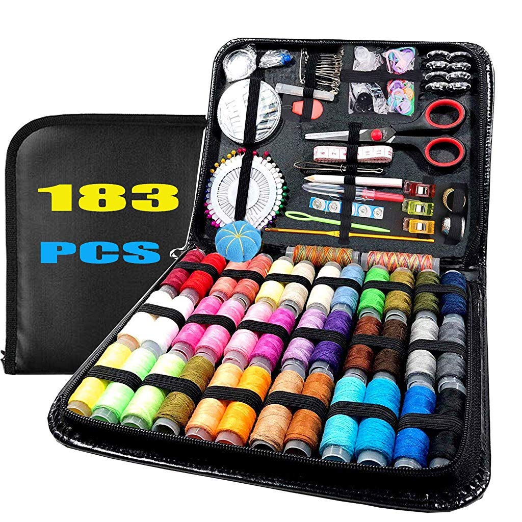 HASTHIP Sewing Kit for Travel and Emergency Repairs with 183 pcs Accessories | Portable PU Leather Case