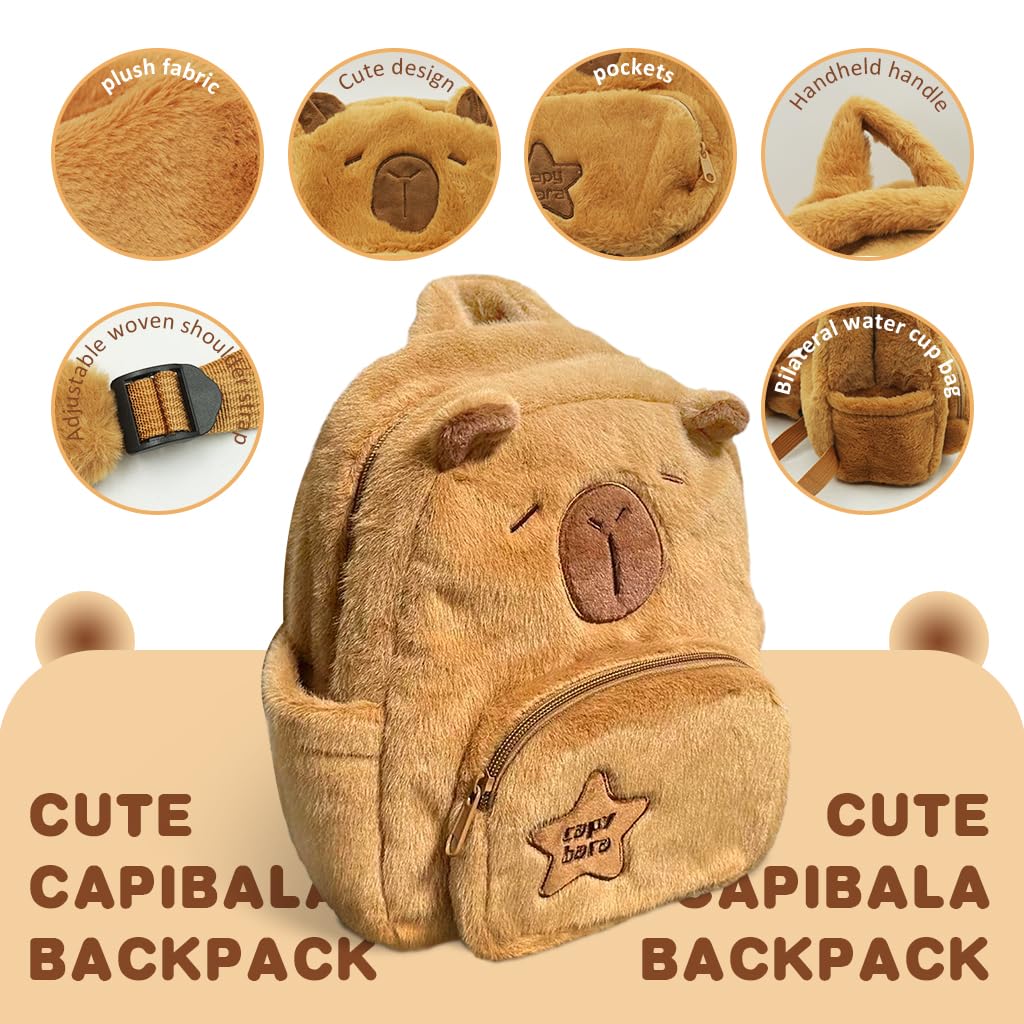 Climberty Cute Capybara Bag for School and Travel with Dual Zipper Pouches | Soft Plush Backpack for Girls