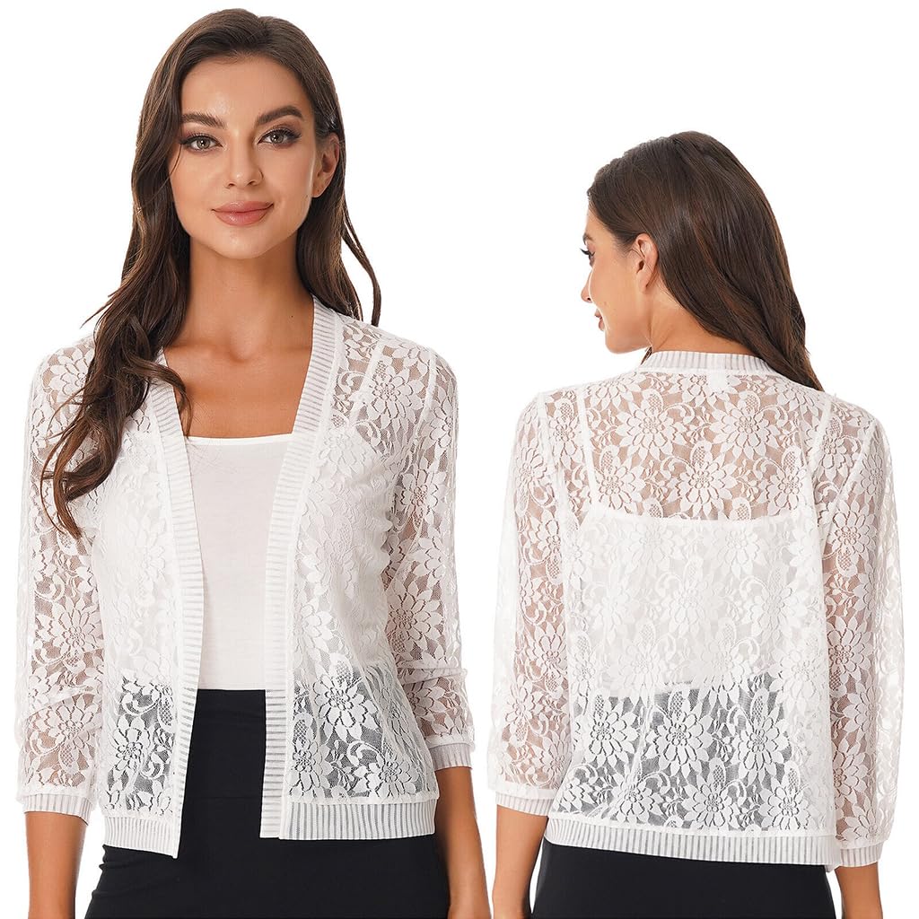 PALAY® Womens Casual Summer Lace Cardigan Open Front 3/4 Sleeve Solid Crochet Bolero Jacket Lace Shrug Cover Up