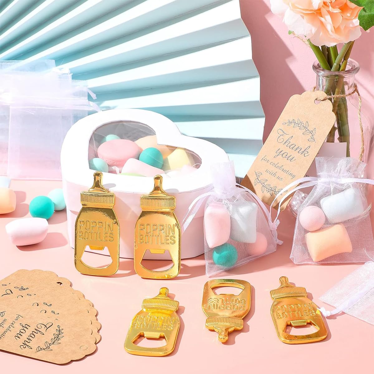 SNOWIE SOFT Baby Shower Return Gifts featuring 18pcs Golden Bottle Shaped Openers with Cards